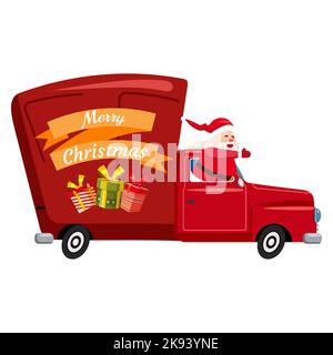 Babbo Natale guida una vecchia auto retrò, camion Illustrazione Vettoriale