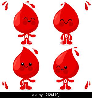 Carino gocce di sangue cartone animato. Diversi tipi di sangue. Personaggi del concetto di donazione di sangue. Foto Stock
