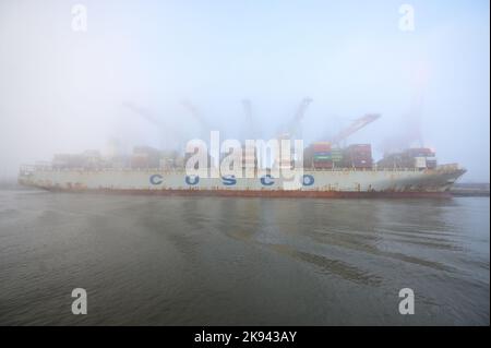 Amburgo, Germania. 26th Ott 2022. La nave portacontainer Cosco Pride si trova nella fitta nebbia del terminal dei container di Tollerort. Il gabinetto tedesco ha concordato un compromesso nella controversia sulla partecipazione cinese a un terminal per container nel porto di Amburgo. Credit: Jonas Walzberg/dpa/Alamy Live News Foto Stock