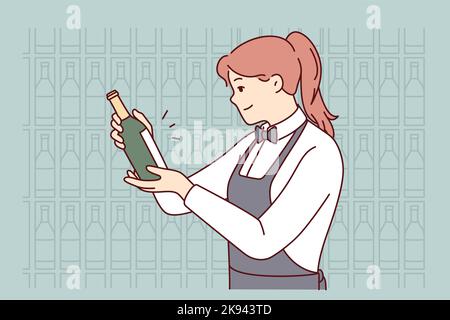 Cameriera sorridente in grembiule scegliendo il vino in cantina. Felice sommelier femminile fare la scelta di drink nel ristorante. Illustrazione vettoriale. Illustrazione Vettoriale