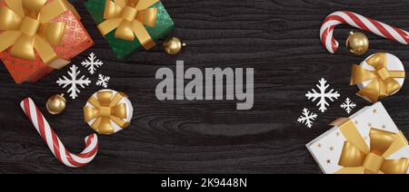 Vista dall'alto molte scatole regalo su un tavolo di legno con spazio vuoto per il testo., rendering 3D Foto Stock