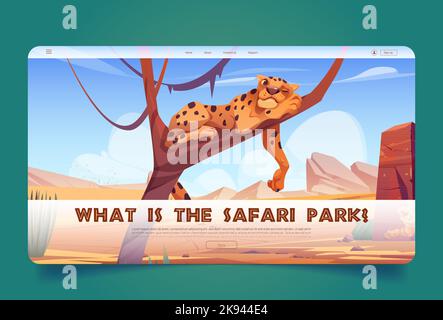 Pagina di destinazione dei cartoni animati del parco safari con ghepardo rilassato che dorme sul ramo dell'albero. Invito nel parco nazionale con animali selvatici. Savannah abitanti vita, zoo all'aperto prenotazione biglietti, Vector web banner Illustrazione Vettoriale