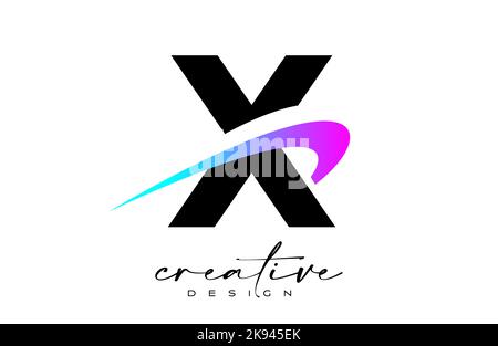 X Letter Logo Design con Swoosh blu viola creativo. Icona iniziale lettera x con illustrazione del vettore di forma curva. Illustrazione Vettoriale