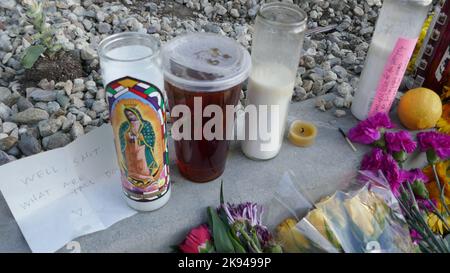 Los Angeles, California, USA 25th ottobre 2022 Un memoriale in cui l'attore Leslie Jordan ha schiantato la sua auto in un incidente dove è morto il 24 ottobre 2022 a Los Angeles, California, Stati Uniti. Foto di Barry King/Alamy Live News Foto Stock