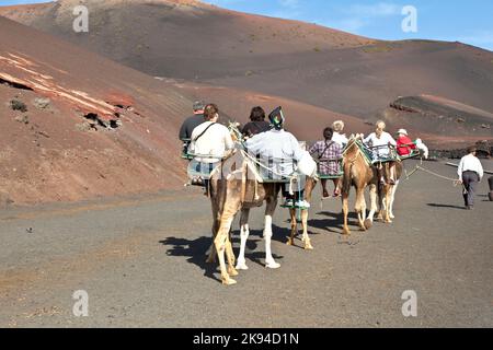 PARCO NAZIONALE DI TIMANFAYA, LANZAROTE, SPAGNA - DICEMBRE 26: I turisti che cavalcano i cammelli sono guidati dalla gente del posto attraverso il famoso Timanfaya National Foto Stock