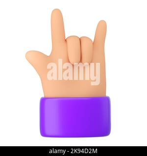 Mano umana nel gesto rock fingers. Vittoria, vittoria, successo e concetto di musica hard rock. Rendering 3D realistico e di alta qualità isolato Foto Stock