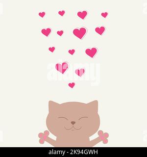 Carino sorridente marrone chiaro gatto dà cuori. Gattino gatto. Buon San Valentino. Carino cartone animato kawaii divertente personaggio animale faccia testa. Design piatto. Illustrazione Vettoriale