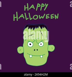 Frankenstein faccia isolata su sfondo viola. Halloween felice. Illustrazione vettoriale disegnata a mano Illustrazione Vettoriale