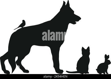 Diverse silhouette per animali su sfondo bianco. Illustrazione vettoriale di cane, gatto, budgie e coniglio in colore nero. Arte disegnata a mano di animali. Animali domestici iso Illustrazione Vettoriale