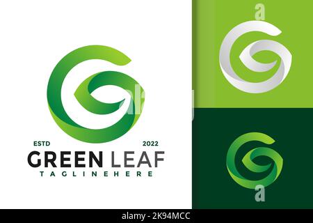 Un moderno logo G Letter Green Leaf, identità del marchio con spazio per tagline Illustrazione Vettoriale