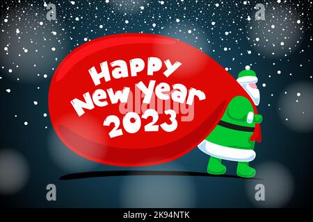 Babbo Natale Padre Frost personaggio cartone animato in arrivo e porta grandi doni pesanti borsa rossa. Natale e Felice Capodanno 2023 iscrizione biglietto di auguri per le feste. Poster di celebrazione vector eps Illustrazione Vettoriale