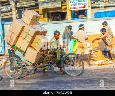 DELHI, INDIA - Oct 16: Il ciclista trasporta merci pesanti la mattina presto il 16,2012 ottobre a Delhi, India. I risciò ciclicamente sono stati introdotti in D Foto Stock