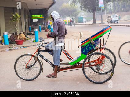 DELHI, INDIA - NOV 10: Il ciclista attende i passeggeri la mattina presto il 109,2012 novembre a Delhi, India. I risciò ciclicamente sono stati introdotti a Delh Foto Stock