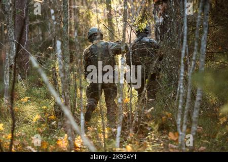 24 ottobre 2022, Estonia, Ämari: Soldati delle forze armate tedesche camminano in una zona boscosa durante un esercizio presso l'Aeronautica di Ämari. Le unità navali e aeree stanno praticando la protezione delle infrastrutture critiche sul fianco orientale della NATO durante una manovra denominata "Tiger Baltic 2022” in Estonia, che durerà quasi un mese. Foto: Christophe Gateau/dpa Foto Stock