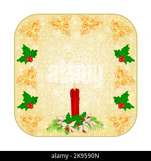 Button Square Christmas decoration fiocchi di neve rosso candlestick e poinsettia vintage vettore illustrazione modificabile disegno a mano Illustrazione Vettoriale