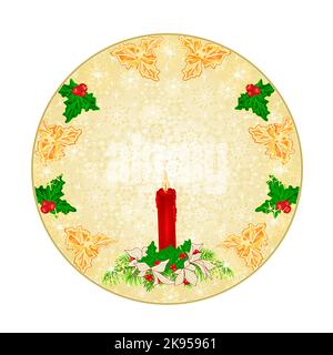 Button Square Christmas decoration fiocchi di neve rosso candlestick e poinsettia vintage vettore illustrazione modificabile disegno a mano Illustrazione Vettoriale