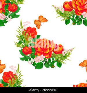 Texture senza cuciture arancio Rose e farfalla vintage festive sfondo vettoriale illustrazione modificabile mano disegno Illustrazione Vettoriale