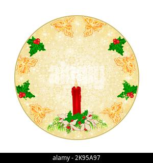 Button Square Christmas decoration fiocchi di neve rosso candlestick e poinsettia vintage vettore illustrazione modificabile disegno a mano Illustrazione Vettoriale