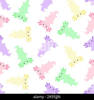Un modello senza cuciture di graziosi e colorati axolotls cartoon su sfondo bianco Illustrazione Vettoriale