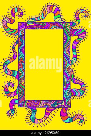 Cartone animato divertente astratto doodle stile cornice colorata con molti motivi e luogo per il testo. Modello isolato. Cornice estiva elegante e luminosa per un design esclusivo Illustrazione Vettoriale