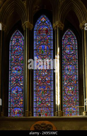 Irlanda Dublino St Patrick's Cathedral Church of Ireland Gothic West End vibrante vetrata 39 scene di vita di St Patrick 19th ° secolo Foto Stock