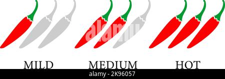 Scala di resistenza dei peperoni rossi caldi. Set di indicatori con icone di intensità lieve, media e calda. Cibi sani vegetariani. Illustrazione vettoriale Illustrazione Vettoriale