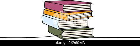 Pila di libri disegno continuo a una linea colorata. Libreria, libreria continua una riga di illustrazione colorata. Illustrazione lineare vettoriale. Illustrazione Vettoriale