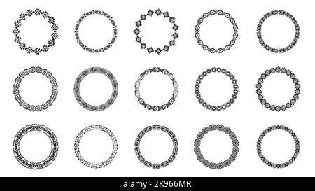 Cerchi ornamentali azteco. Geometriche cornici rotonde antiche tribali native americane ed etichette decorative per il testo boho style. Set con isolamento vettoriale Illustrazione Vettoriale