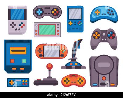 Console di gioco retro. Icone joystick per videogiochi Cartoon, moderni dispositivi portatili wireless per console video analogici gamepad per i gamer geek. Set vettoriale Illustrazione Vettoriale