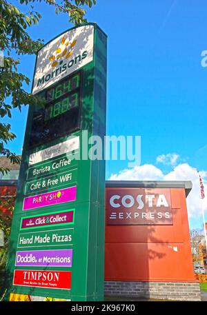 Morrisons supermercato segno, Wilderspool, Stockton Heath, Warrington, Cheshire, Inghilterra, Regno Unito con Costa Coffee outlet, caffè, Timpson, doddle, Nutmeg, pizze Foto Stock