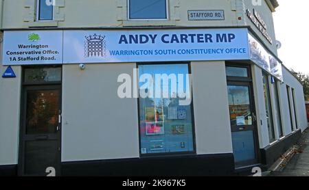 Andy carter MP, Conservative Office, 1A Stafford Road, Warrington South Constitutency Office, Cheshire, Inghilterra, Regno Unito, WA4 6RP Foto Stock