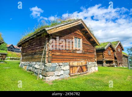 Vista delle case in legno tradizionali con erba sul tetto. Museo storico all'aperto. Norvegia, Scandinavia Foto Stock