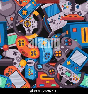 Schema di gioco Arcade. Stampa senza interruzioni di console video vintage stile cartone animato, controller di videogiochi retrò elementi di dispositivo joystick per il design tessile Illustrazione Vettoriale