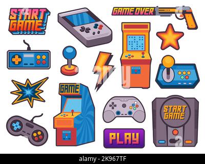 Adesivi per videogiochi. Risorse vintage per i giocatori con icone pixel a 8 bit, cartoni animati nostalgia hipster gamepad joystick arcate stile piatto. Illustrazione vettoriale Illustrazione Vettoriale