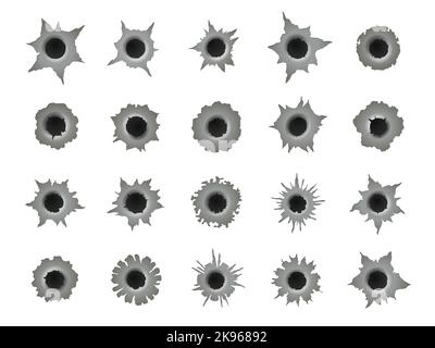 Fori di iniezione. Pistola pallottola crack, danni circolari frastagliati distruzione lacerato colpito sulla superficie, spellando gli elementi di fessura. Raccolta con isolamento vettoriale Illustrazione Vettoriale