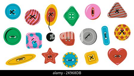 Bottoni di abbigliamento. Elementi da cucire colorati carino, icone ad ago fiore cerchio sole stella forme luna per il dressmaaking tessuto. Set con isolamento vettoriale Illustrazione Vettoriale