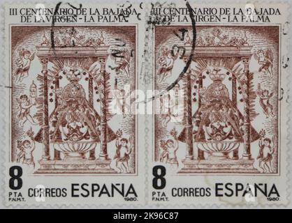 Foto di due francobolli spagnoli Uniti emessi per il 300th° anniversario dell'apparizione della Vergine Santa la Palma 1980 Foto Stock