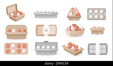 Uova in scatole. Pollo fresco cibo biologico in cartone contenitore cartone stile cartone cartone cartone cartone, confezione di ingredienti di cottura fratture melanzana proteina cruda tuorlo Illustrazione Vettoriale