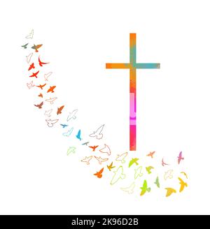 Colomba sulla pace e croce simbolo di religione isolata. Croce religiosa colorata con uccelli volanti. Illustrazione vettoriale Illustrazione Vettoriale