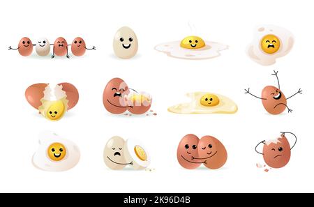Belle facce di uovo. Cartone animato divertente doodle personaggi felici, pasqua eghead kawaii emoji piatto comic emotion mascotte capretto adesivi. Set con isolamento vettoriale Illustrazione Vettoriale