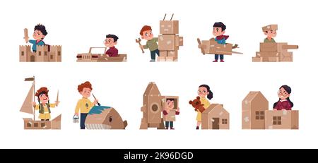 Box da gioco per bambini. Bambini costruzione di giocattoli di cartone fatti a mano, carini ragazzi ragazze personaggi cartoni animati hobby, felice infanzia gioiosa. Set con isolamento vettoriale Illustrazione Vettoriale