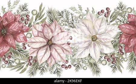 Acquerello fiori di Natale bouquet bordo senza cuciture. Bouquet invernale disegnato a mano con fiore di Poinsettia e rami di abete, agrifoglio con bacche. Ripetere b Foto Stock