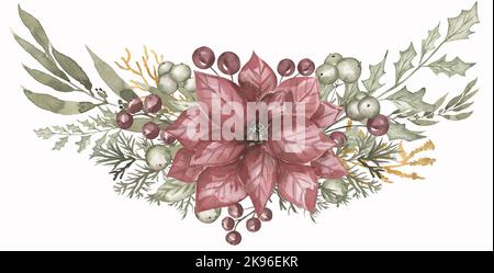 Acquerello fiori di Natale bouquet corona. Bouquet invernale disegnato a mano con fiori di Poinsettia e rami di abete, agrifoglio con bacche isolate su bianco Foto Stock