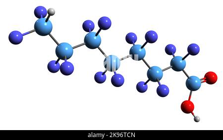 3D immagine della formula scheletrica dell'acido perfluoroottanoico - struttura chimica molecolare del PFOA isolato su sfondo bianco Foto Stock