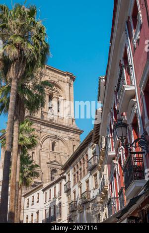 Disparo Vertical desde la plaza Romanilla de Granada con edificios del barrio antiguo y campanario de la basÃ­lica catedral, EspaÃ±a Foto Stock