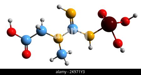 3D immagine della formula scheletrica della fosfocreatina - struttura chimica molecolare della creatina fosfato isolata su sfondo bianco Foto Stock