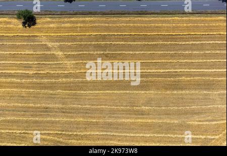 Un paesaggio con una strada e un campo visti dall'alto Foto Stock