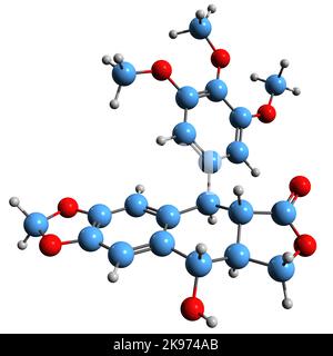 3D immagine della formula scheletrica di Podofillotossina - struttura chimica molecolare della tossina non alcaloide antimitotica isolata su sfondo bianco Foto Stock