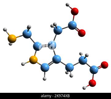 3D immagine di Porphobilinogen formula scheletrica - struttura chimica molecolare del composto organico PBG isolato su sfondo bianco Foto Stock