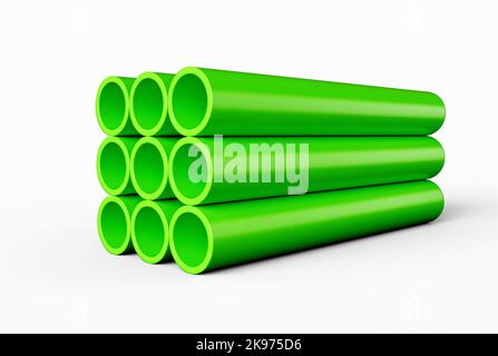 Tubi in PVC verde impilati isolati su sfondo bianco, illustrazione 3D Foto Stock